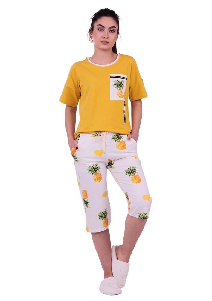 Jiber Pineapple Printed Woman Capri Pajama Set 3636 | Yellow