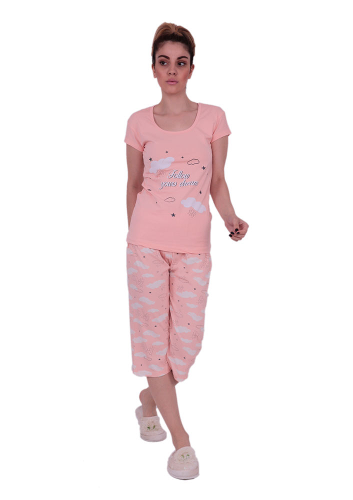 Sude Short Sleeved Cloud Printed Capri Powder Pajama Set 2739 | Powder