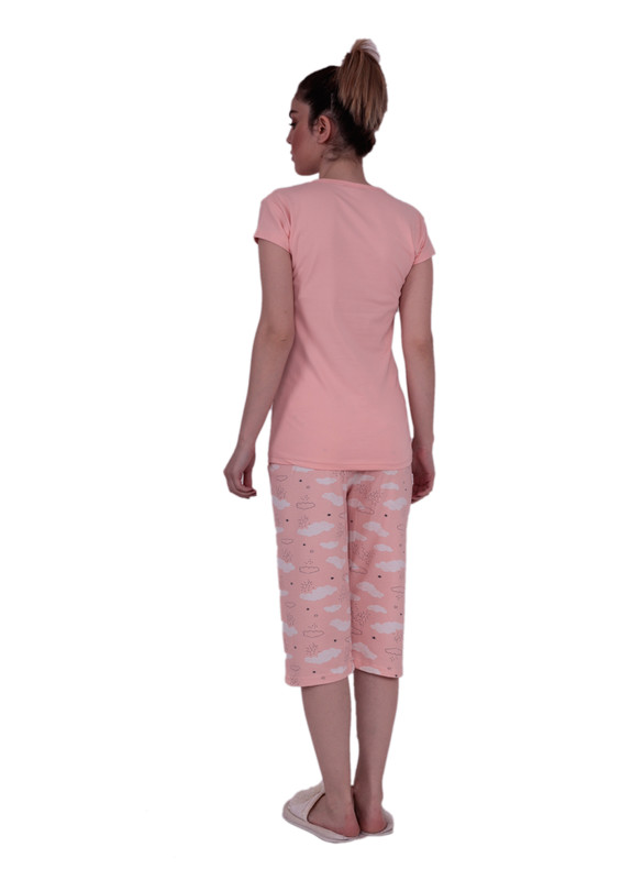 Sude Short Sleeved Cloud Printed Capri Powder Pajama Set 2739 | Powder - Thumbnail