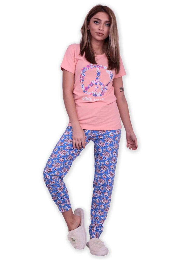 Sude Peace Printed Short Sleeved Pajama Set | Light Pink