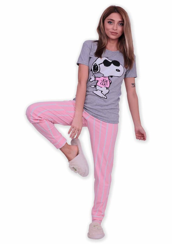 Sude Printed Short Sleeved Pajama Set | Gray - Thumbnail