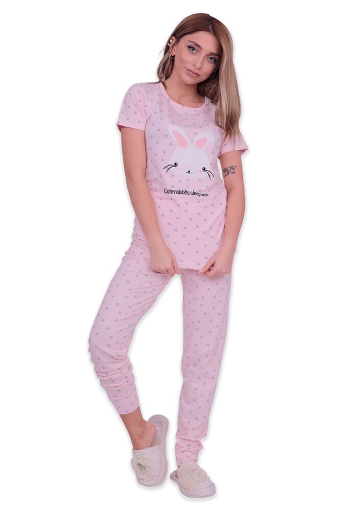 Sude Bunny Printed Spotted Woman Pajama Set | Pink