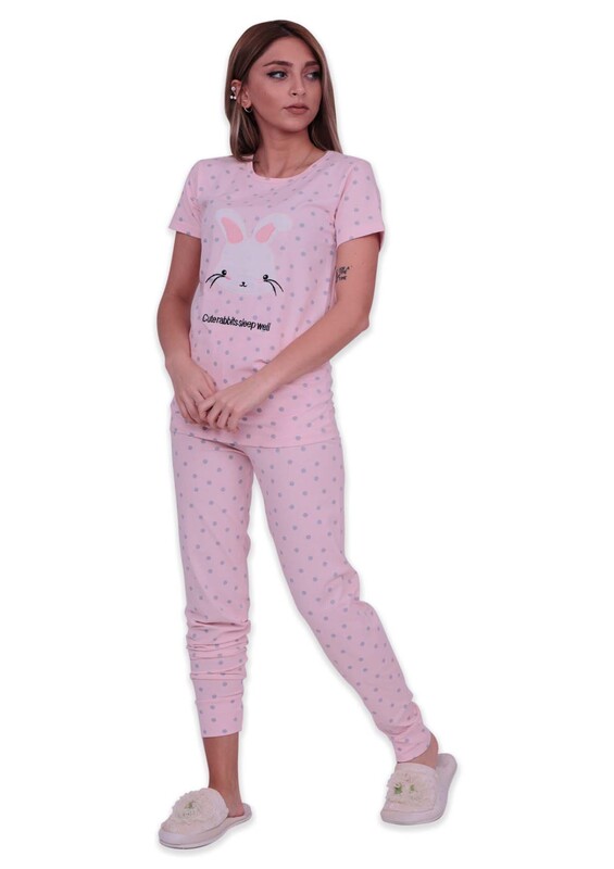 Sude Bunny Printed Spotted Woman Pajama Set | Pink - Thumbnail