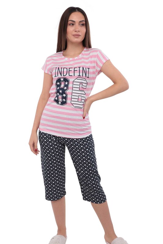 Sude Short Sleeved Capri & Patterned Pajama Set 2876 | Pink - Thumbnail