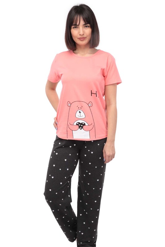SUDE - Sude Teddy Printed Short Sleeved Pajama Set 2919 | Light Pink
