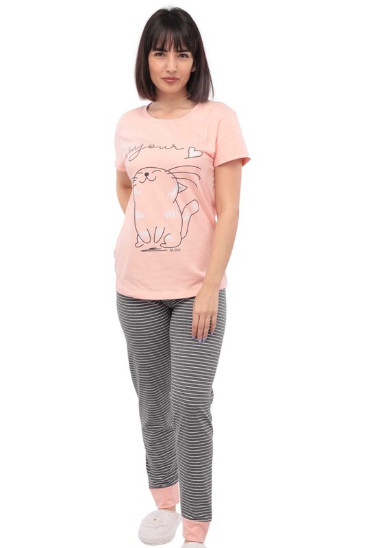 Sude Cat Printed Short Sleeved Pajama Set 2916 | Light Pink - Thumbnail