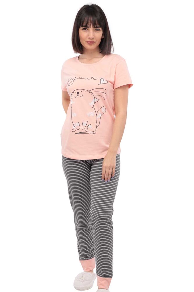 Sude Cat Printed Short Sleeved Pajama Set 2916 | Light Pink