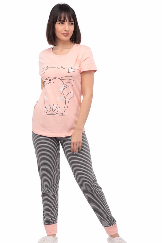 SUDE - Sude Cat Printed Short Sleeved Pajama Set 2916 | Light Pink