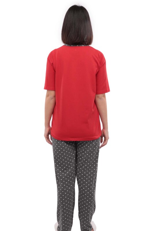 Sude Printed Short Sleeved Woman Pajama Set 1016 | Red - Thumbnail