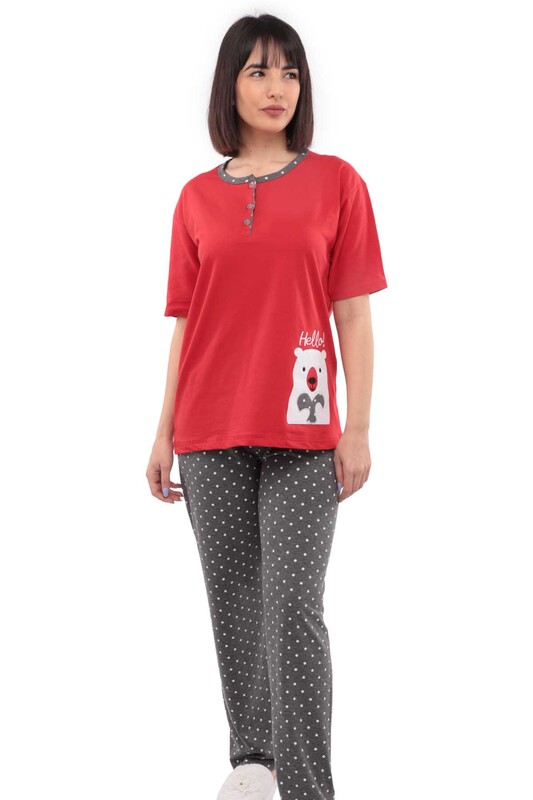 SUDE - Sude Printed Short Sleeved Woman Pajama Set 1016 | Red