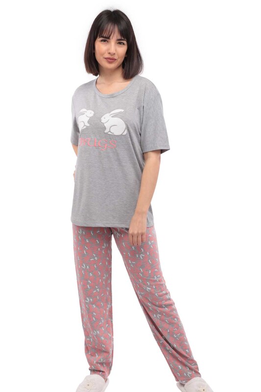 SUDE - Sude Bunny Printed Short Sleeved Plus Size Woman Pajama Set 1006 | Gray