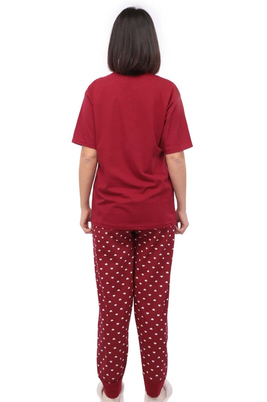 Sude Printed Short Sleeved Plus Size Woman Pajama Set 1093 | Bordeaux - Thumbnail