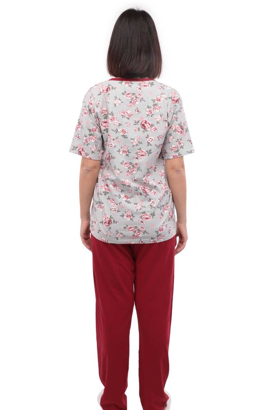 Sude Flower Printed Short Sleeved Woman Pajama Set 1016 | Bordeaux - Thumbnail
