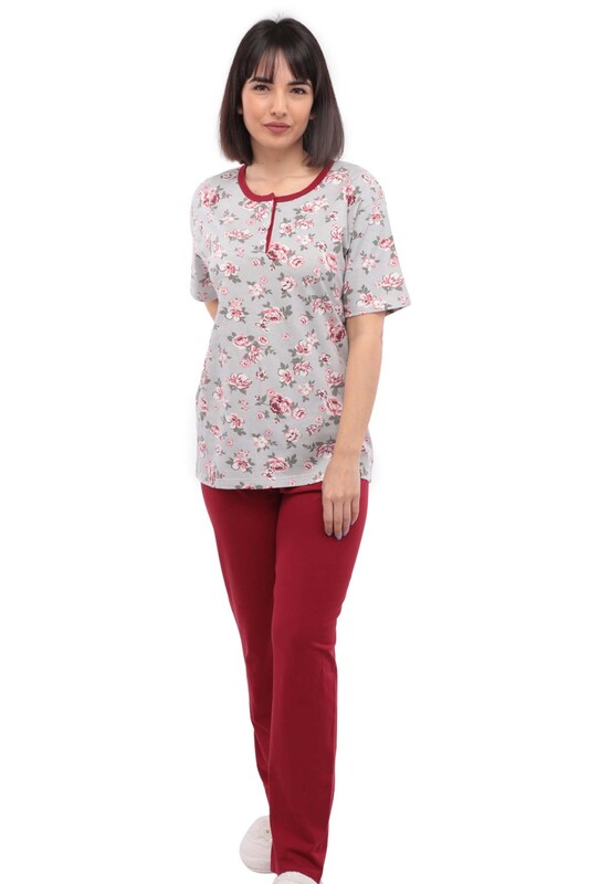 SUDE - Sude Flower Printed Short Sleeved Woman Pajama Set 1016 | Bordeaux