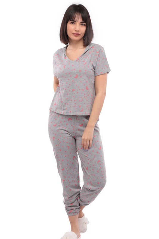 Sude Short Sleeved Hooded Pajama Set 2011 | Gray - Thumbnail