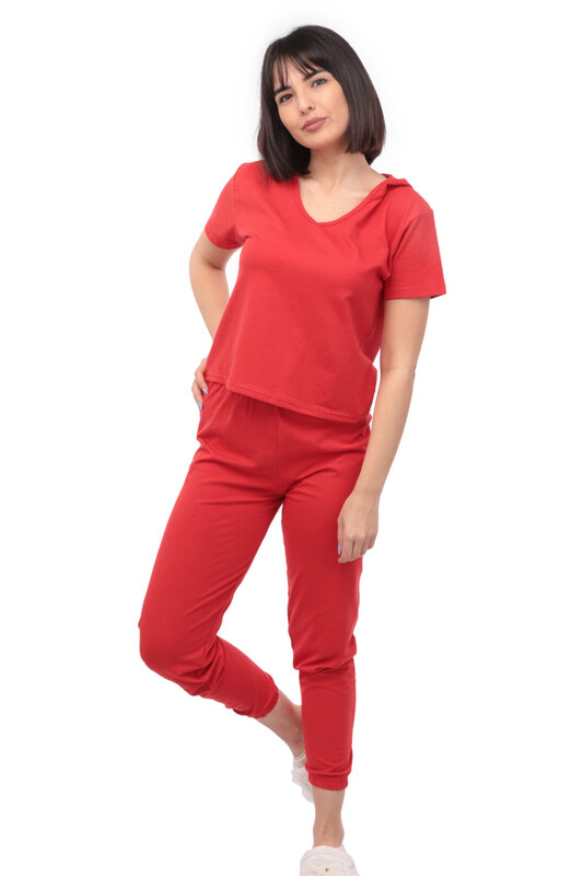 Sude Short Sleeved Hooded Pajama Set 2015 | Red - Thumbnail