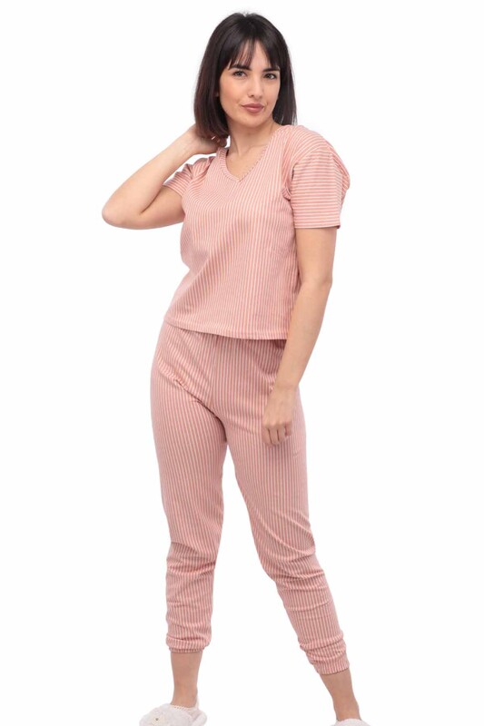 Sude Short-Sleeved Hooded Pajama Set 2017 | Beige - Thumbnail