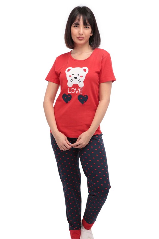 SUDE - Sude Teddy Printed Short Sleeved Pajama Set 2912 | Red