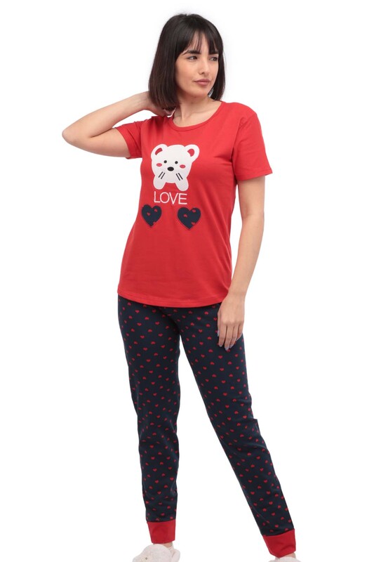 Sude Teddy Printed Short Sleeved Pajama Set 2912 | Red - Thumbnail