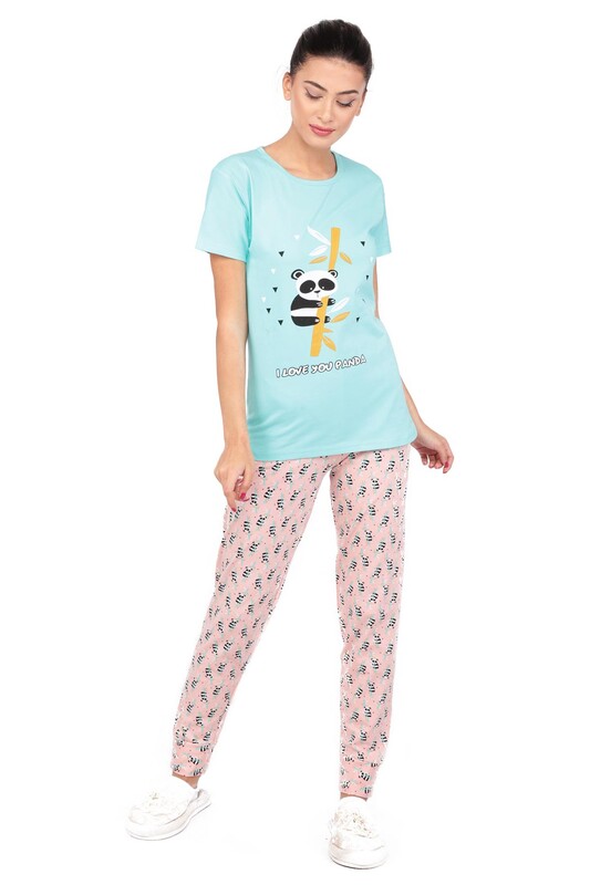 Sude Panda Printed Short Sleeved Pajama Set | Turquois - Thumbnail