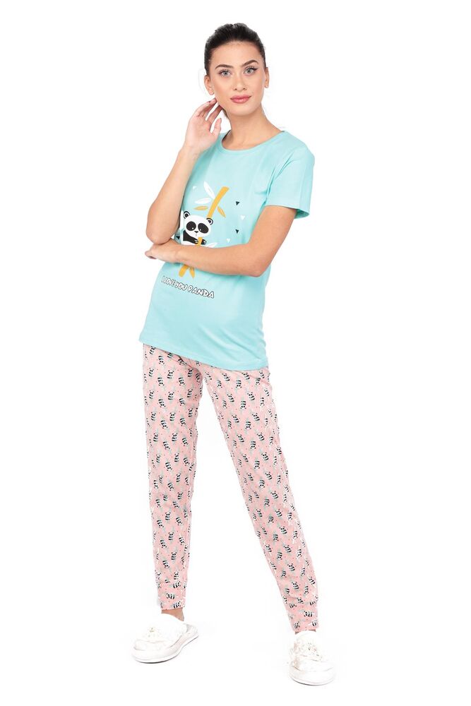 Sude Panda Printed Short Sleeved Pajama Set | Turquois